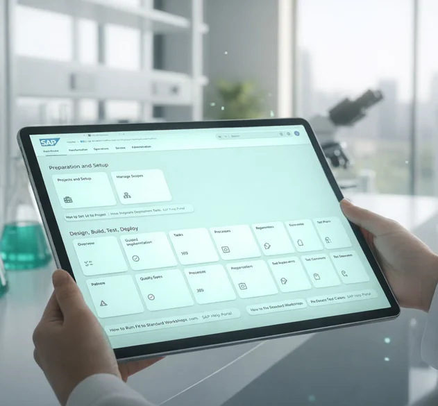 Tablet mit SAP-ähnlicher Oberfläche im Laborumfeld als Symbol für digitale Validierungsdokumentation und automatisierte Computersystemvalidierung
