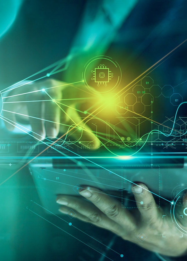 Tablet mit vernetzten IT- und Cloud-Symbolen als Beispiel für Managed Validation Services und GxP-konforme Systemvalidierung.