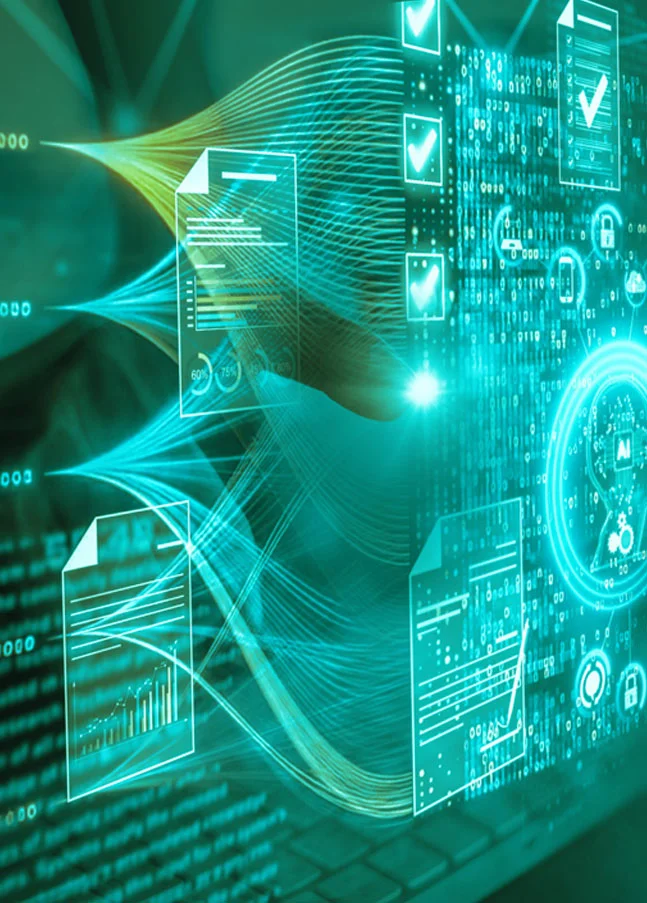 Digitale Datenströme und Dokumente mit KI-Symbol – Darstellung der Validierung von KI-Systemen gemäß EU AI Act und GAMP® AI Guide in regulierten Umgebungen.