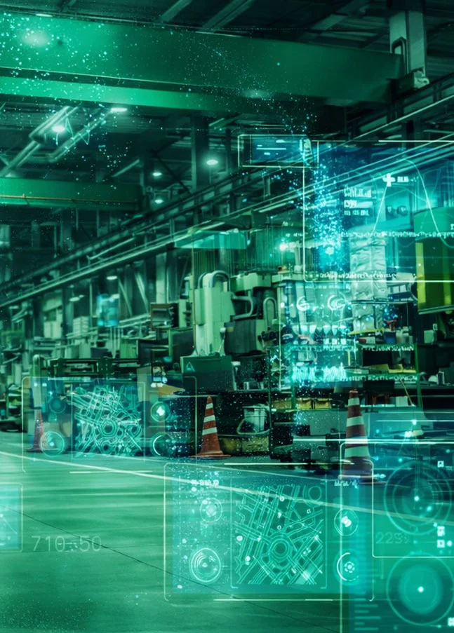 Vernetzte Produktionshalle mit digitalen Datenanzeigen als Beispiel für SAP QIM Ablösung und S/4HANA Migration.