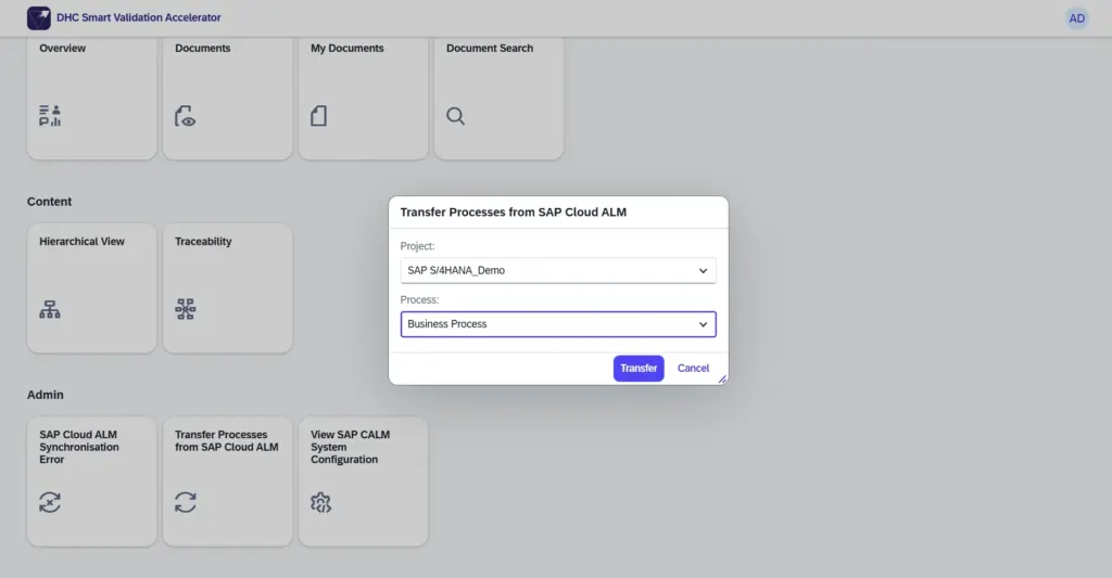 Benutzeroberfläche einer Validierungssoftware mit Integration zu SAP Cloud ALM; zeigt Auswahl und Übertragung von Prozessen für Testmanagement und Automatisierung zur Einbettung der Validierung in bestehende SAP-Projekt- und Betriebsabläufe.