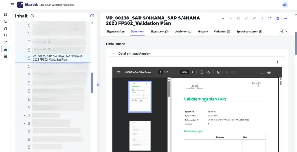 Benutzeroberfläche einer Validierungssoftware mit Dokumentenübersicht und geöffnetem Validierungsplan; unterstützt durch vorgefertigte, GxP-konforme Vorlagen für Planung, Risikoanalyse, Testplanung und Berichterstellung zur Reduktion manuellen Aufwands.