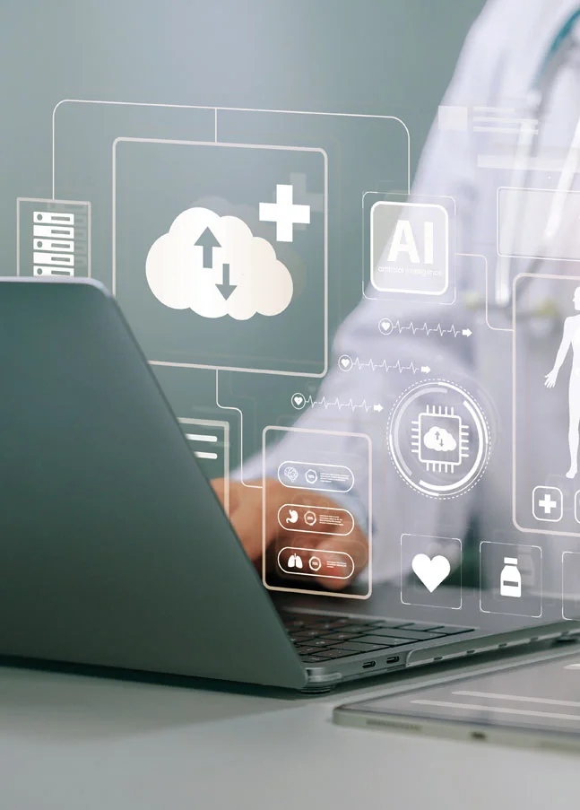 Digital cloud and data icons above a laptop as an example of GxP-compliant cloud and SaaS system validation.