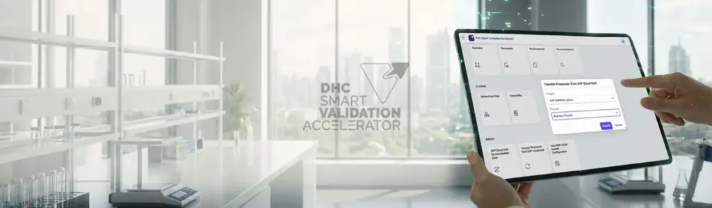 Office or meeting room with a city view; in the foreground a screen reading 'DHC Smart Validation Accelerator' — symbolizing a digital validation solution in the SAP environment.