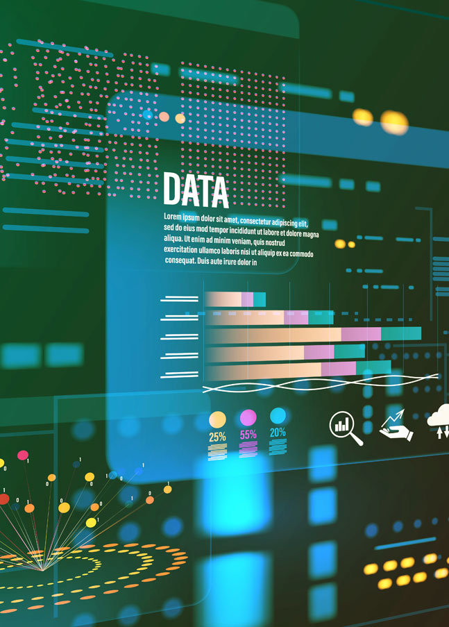Digital data and system visualization with analysis and dashboard elements — depicting the validation of SAP S/4HANA in regulated IT landscapes.